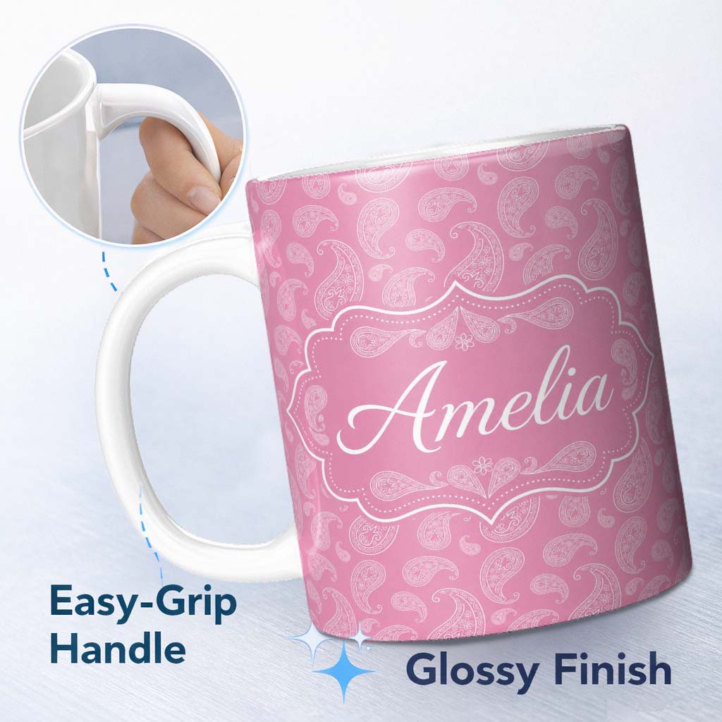 Personalized Custom Name Decorative White Paisley Pattern on Soft Rose Pink Background 11oz Ceramic Coffee Tea Mug White Large Handle