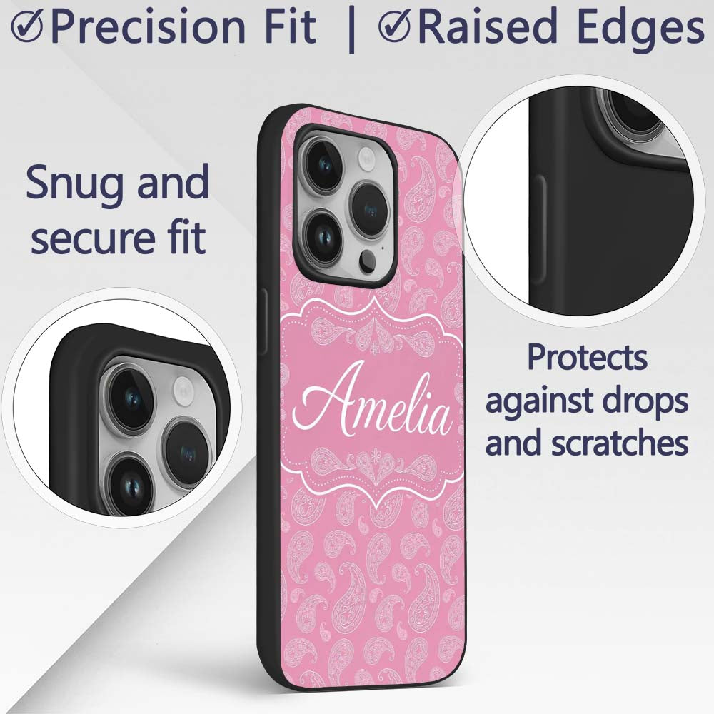 Decorative White Paisley Pattern on Soft Rose Custom Name Protective Phone Case Mobile Cover Durable Everyday Smartphone Shock Resistant