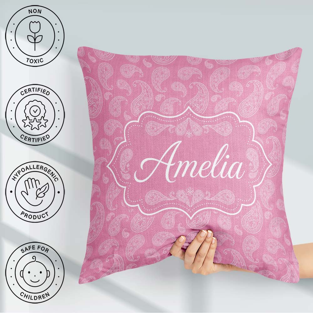 Custom Name Decorative White Paisley Pattern on Soft Rose Pink Square Filled Cushion Throw Pillow Sofa Bed Home Decor Zip Washable UK Made