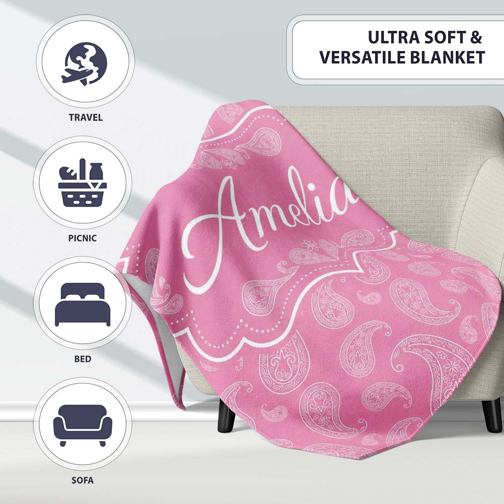 Decorative White Paisley Pattern on Soft Rose Pink Background Personalised Custom Name Super Soft Fleece Blanket Bed Sofa Throw