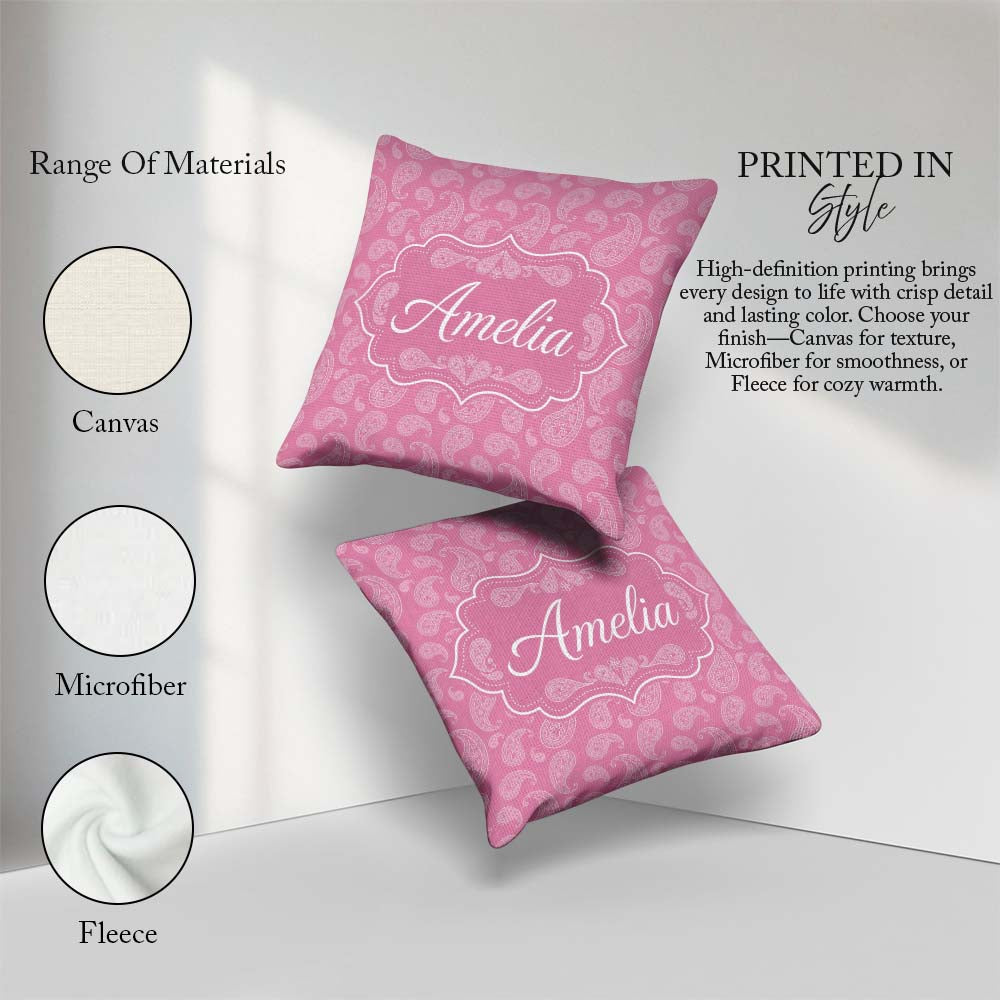 Custom Name Decorative White Paisley Pattern on Soft Rose Pink Square Filled Cushion Throw Pillow Sofa Bed Home Decor Zip Washable UK Made
