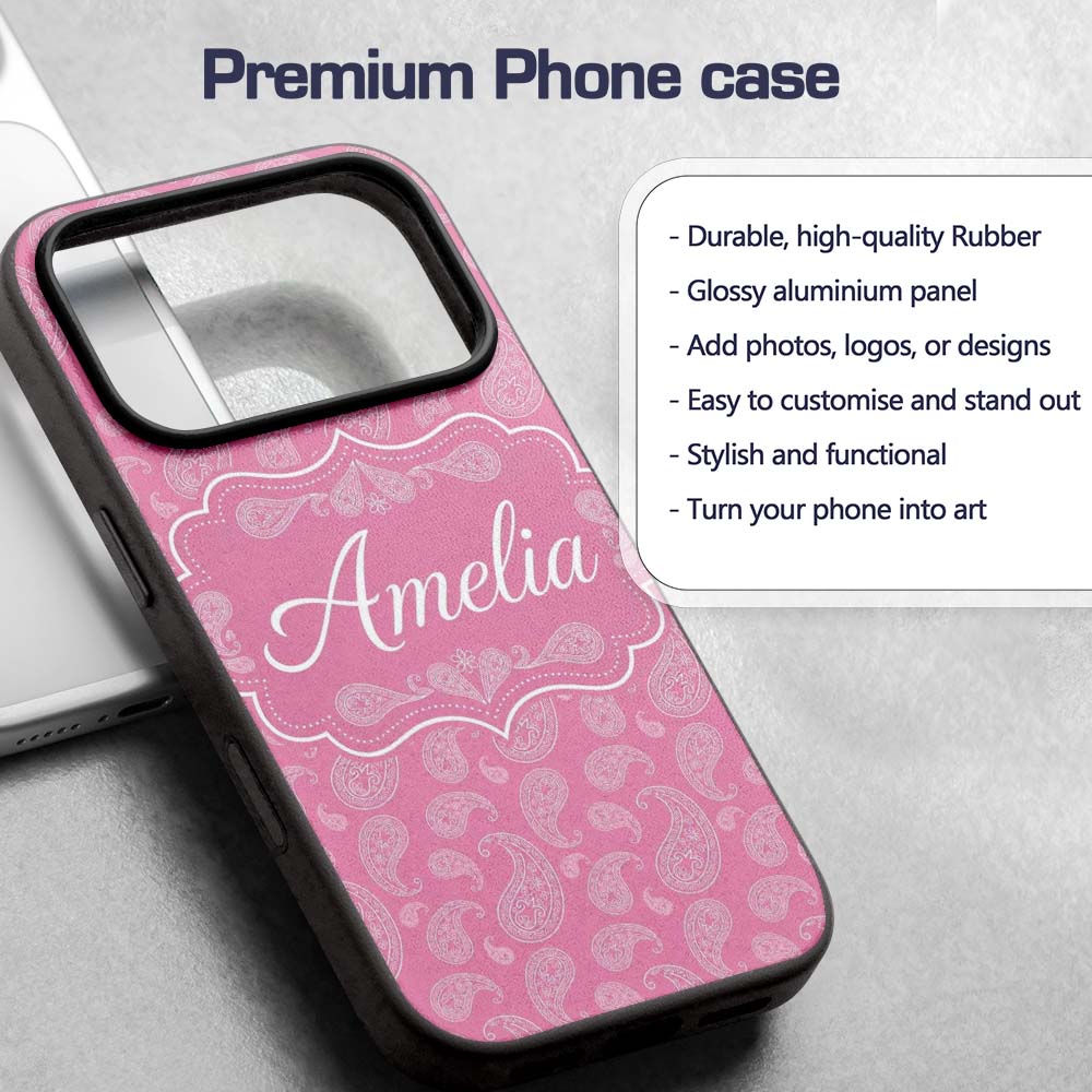 Decorative White Paisley Pattern on Soft Rose Custom Name Protective Phone Case Mobile Cover Durable Everyday Smartphone Shock Resistant