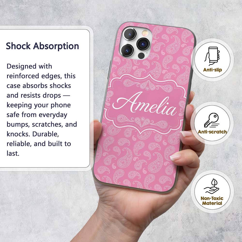 Decorative White Paisley Pattern on Soft Rose Custom Name Protective Phone Case Mobile Cover Durable Everyday Smartphone Shock Resistant