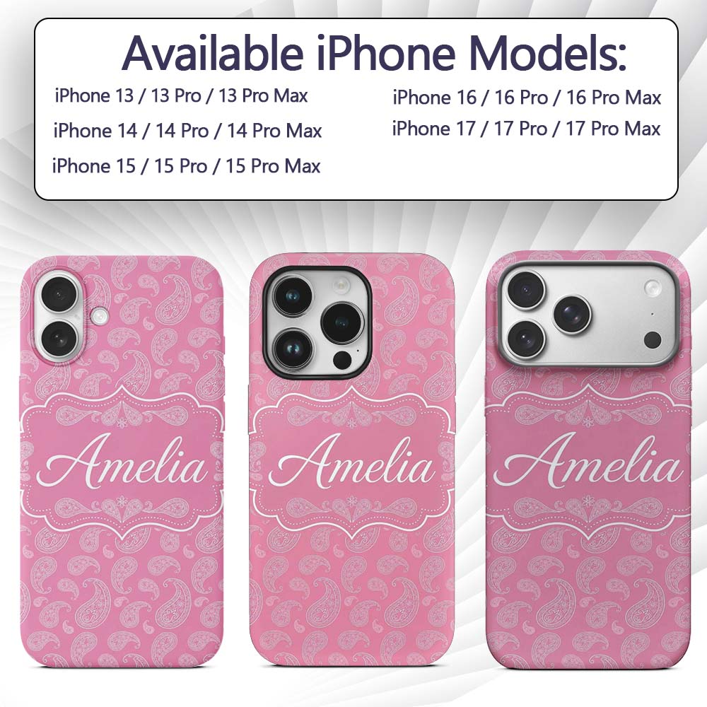 Decorative White Paisley Pattern on Soft Rose Custom Name Protective Phone Case Mobile Cover Durable Everyday Smartphone Shock Resistant