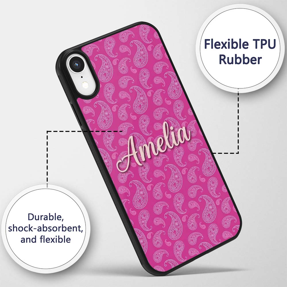 Elegant White Paisley Floral Pattern on Bright Custom Name Protective Phone Case Mobile Cover Durable Everyday Smartphone Shock Resistant