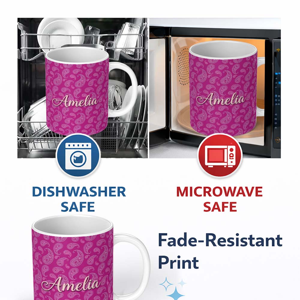 Personalized Custom Name Classic White Paisley Design on Vibrant Fuchsia Pink Background 11oz Ceramic Coffee Tea Mug White Large Handle