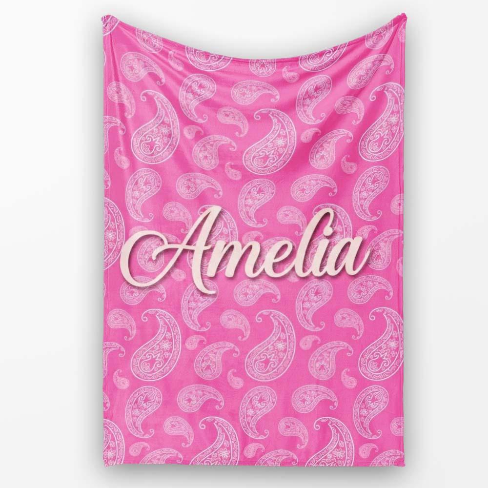 Elegant White Paisley Pattern on Bright Pink Gradient Seamless Name Personalised Custom Name Super Soft Fleece Blanket Bed Sofa Throw