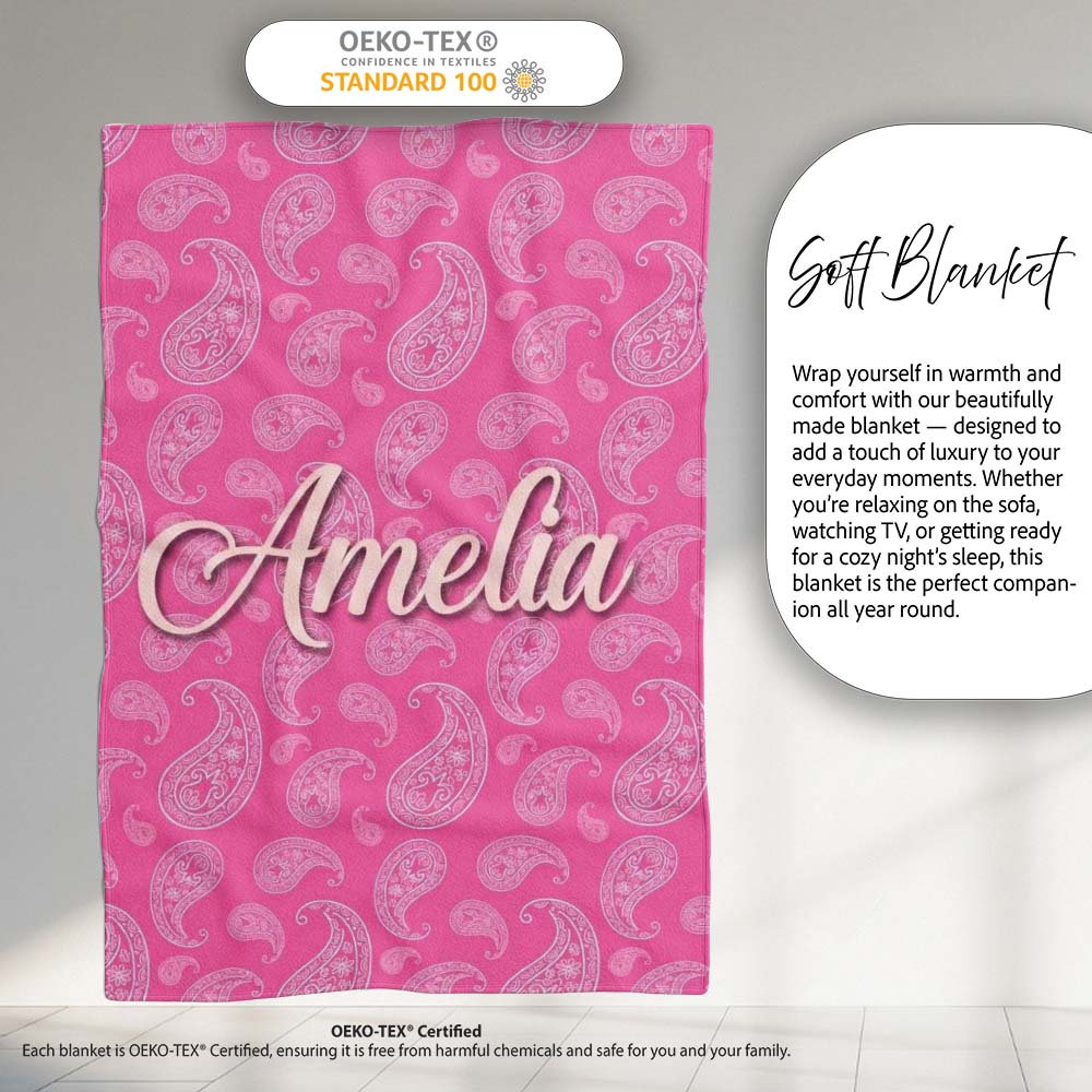 Elegant White Paisley Pattern on Bright Pink Gradient Seamless Name Personalised Custom Name Super Soft Fleece Blanket Bed Sofa Throw