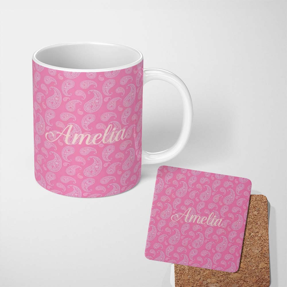 Personalized Custom Name Soft White Paisley Floral Design on Blush Pink Background Seamless 11oz Ceramic Coffee Tea Mug White Large Handle