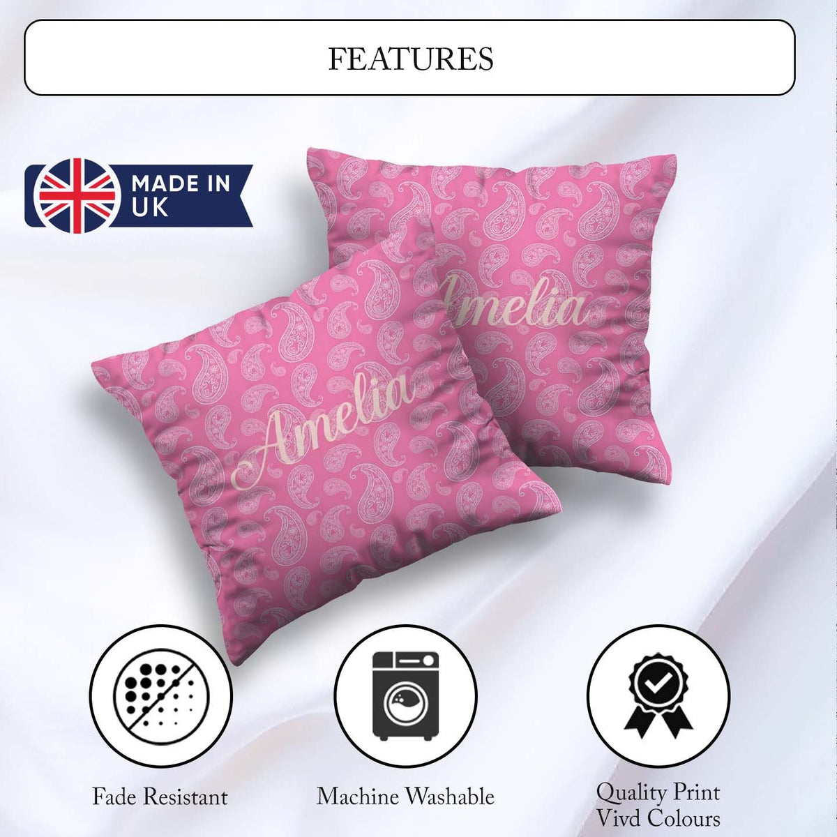 Custom Name Soft White Paisley Floral Design on Blush Background Square Filled Cushion Throw Pillow Sofa Bed Home Decor Zip Washable UK Made