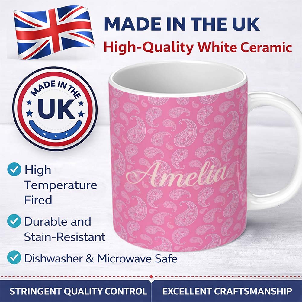 Personalized Custom Name Soft White Paisley Floral Design on Blush Pink Background Seamless 11oz Ceramic Coffee Tea Mug White Large Handle