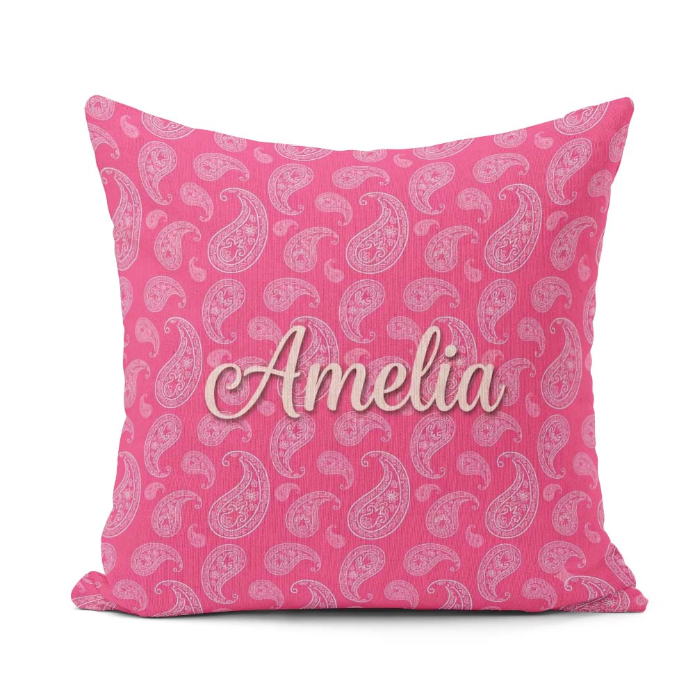 Custom Name Intricate White Paisley Motif on Rose Pink Gradient Square Filled Cushion Throw Pillow Sofa Bed Home Decor Zip Washable UK Made