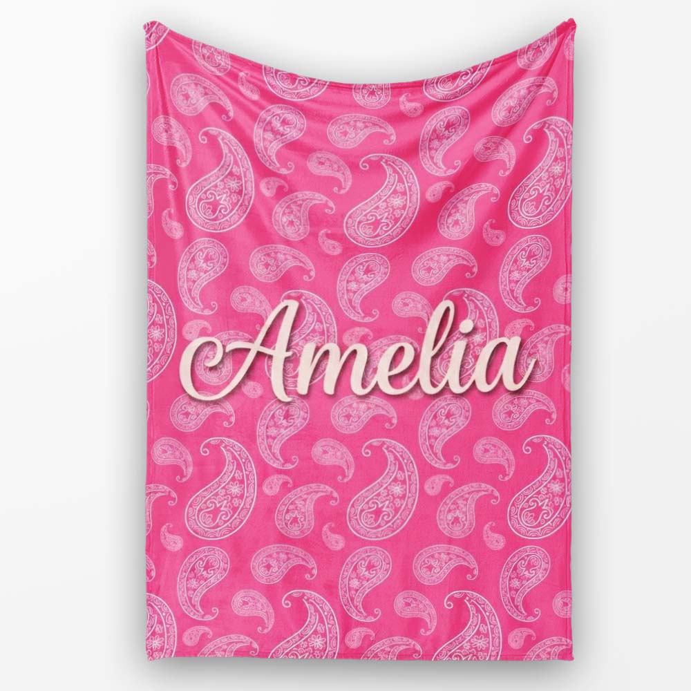 Intricate White Paisley Motif on Vibrant Rose Pink Gradient Personalised Custom Name Super Soft Fleece Blanket Bed Sofa Throw