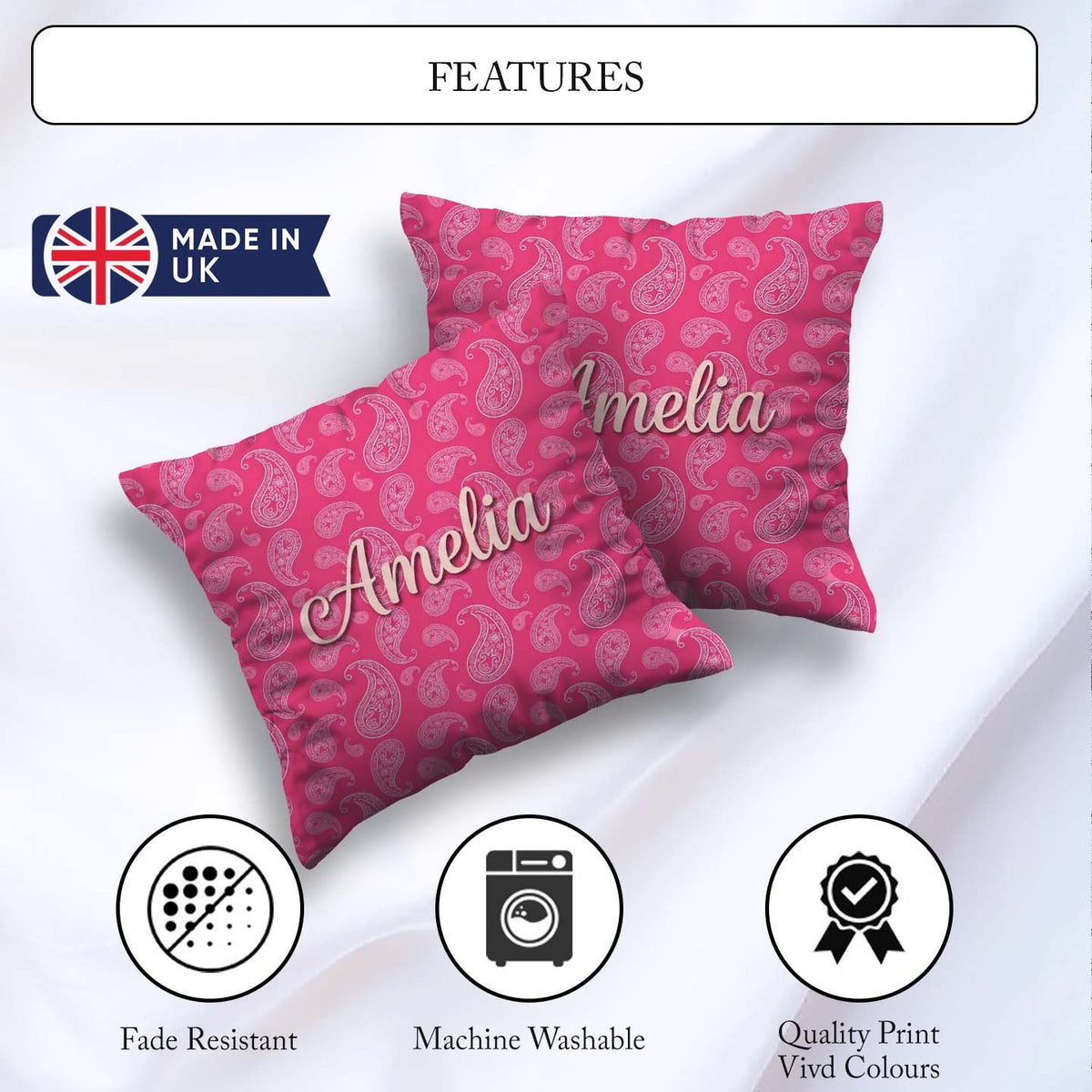 Custom Name Intricate White Paisley Motif on Rose Pink Gradient Square Filled Cushion Throw Pillow Sofa Bed Home Decor Zip Washable UK Made