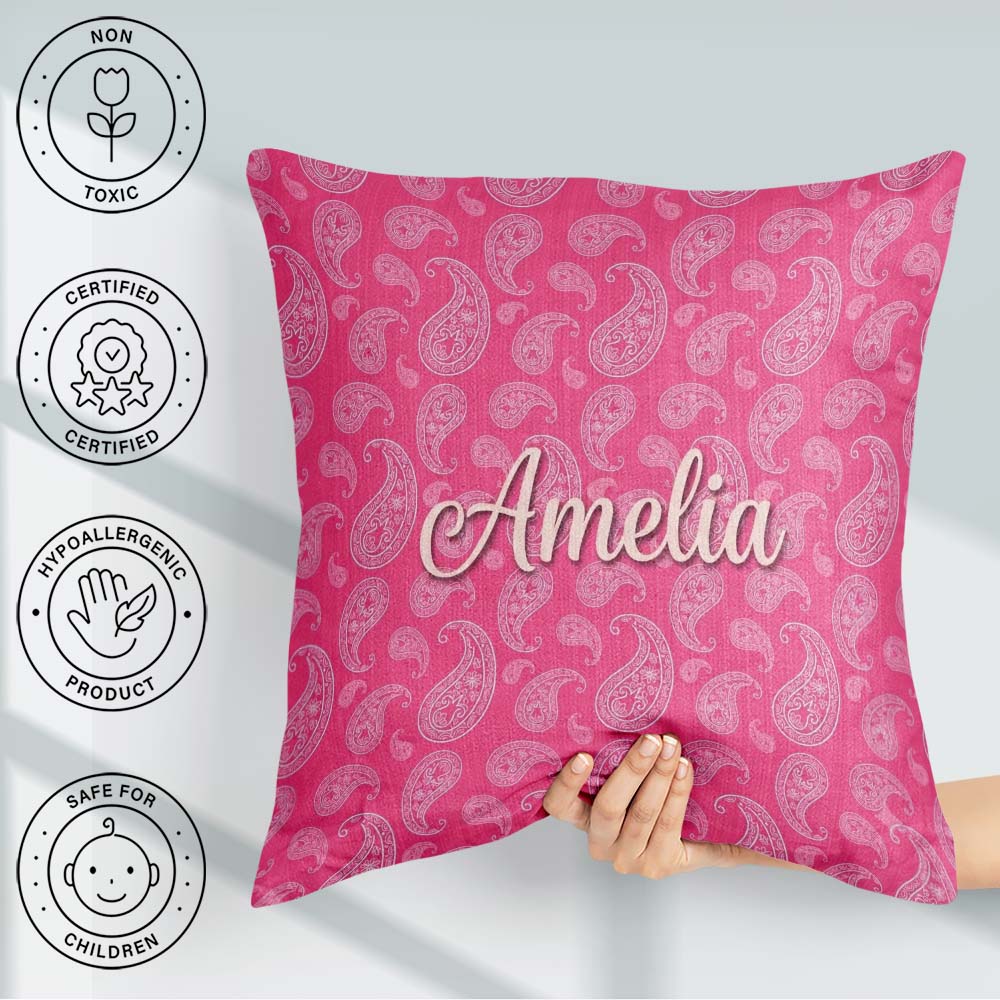 Custom Name Intricate White Paisley Motif on Rose Pink Gradient Square Filled Cushion Throw Pillow Sofa Bed Home Decor Zip Washable UK Made