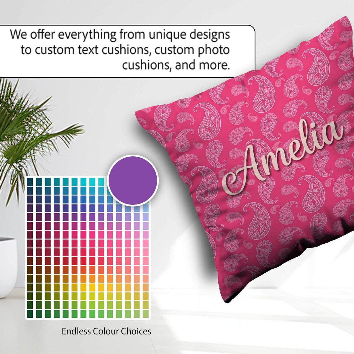 Custom Name Intricate White Paisley Motif on Rose Pink Gradient Square Filled Cushion Throw Pillow Sofa Bed Home Decor Zip Washable UK Made