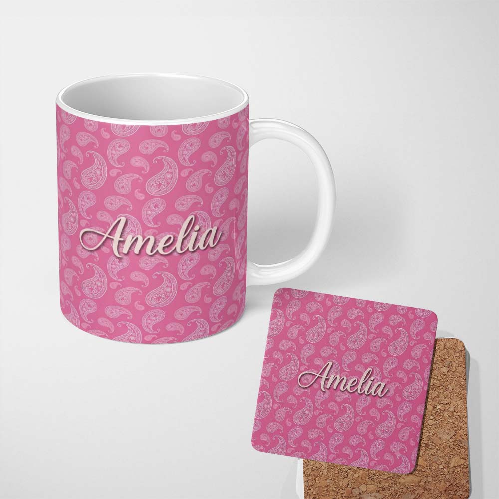 Personalized Custom Name Classic White Paisley Pattern on Warm Pink Gradient Background 11oz Ceramic Coffee Tea Mug White Large Handle