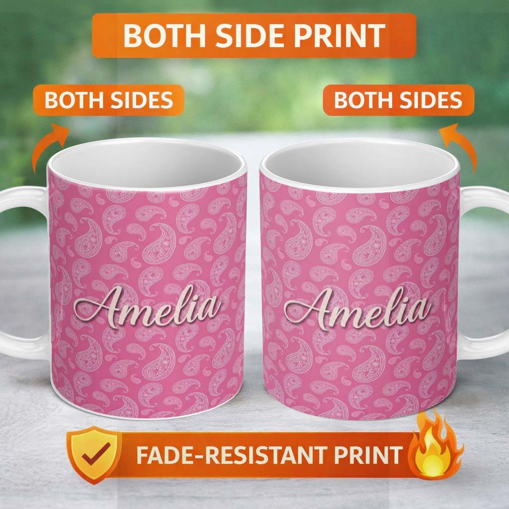Personalized Custom Name Classic White Paisley Pattern on Warm Pink Gradient Background 11oz Ceramic Coffee Tea Mug White Large Handle