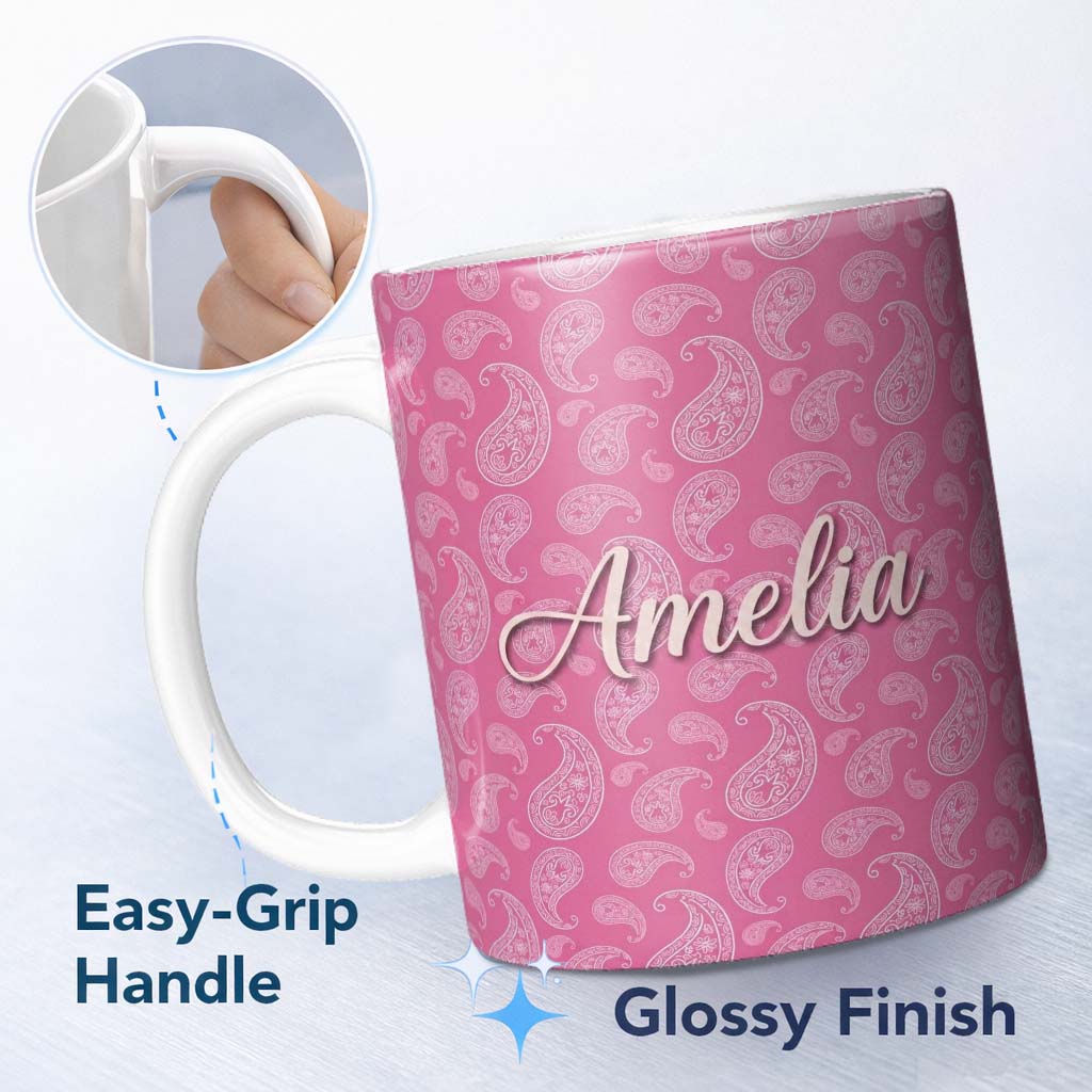 Personalized Custom Name Classic White Paisley Pattern on Warm Pink Gradient Background 11oz Ceramic Coffee Tea Mug White Large Handle