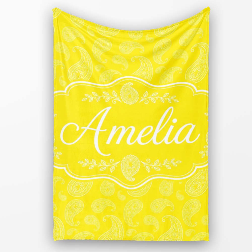 Delicate White Paisley Design on Golden Yellow Gradient Seamless Personalised Custom Name Super Soft Fleece Blanket Bed Sofa Throw
