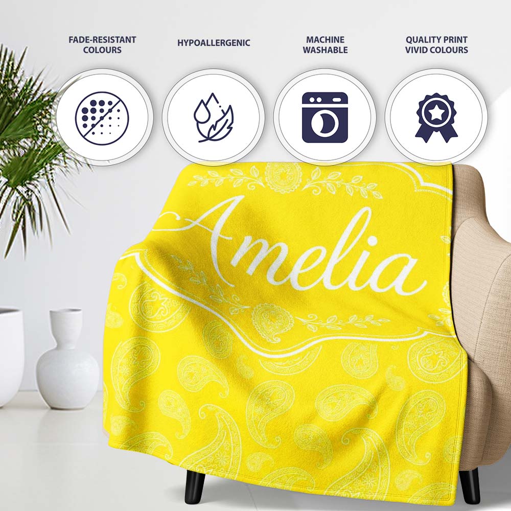 Delicate White Paisley Design on Golden Yellow Gradient Seamless Personalised Custom Name Super Soft Fleece Blanket Bed Sofa Throw