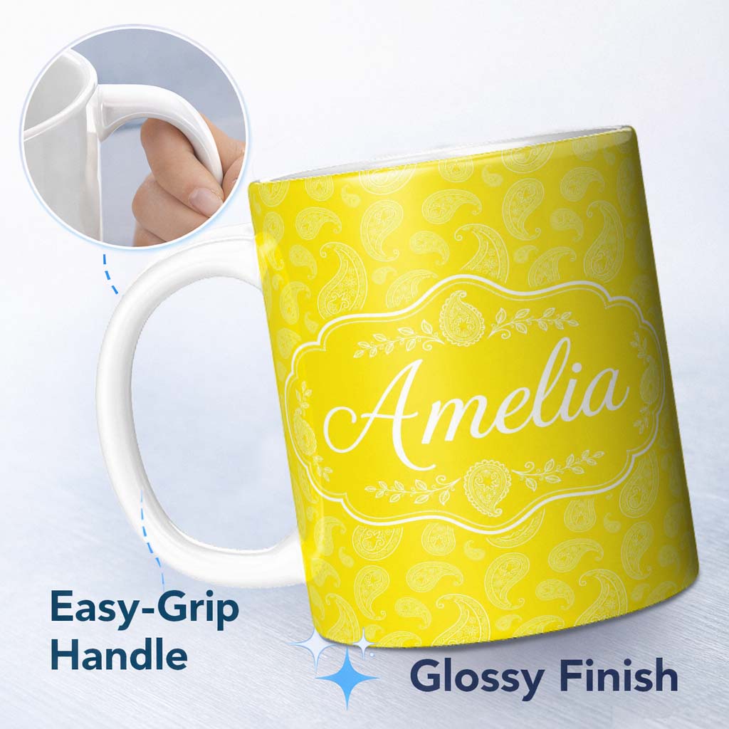 Personalized Custom Name Delicate White Paisley Design on Golden Yellow Gradient Seamless 11oz Ceramic Coffee Tea Mug White Large Handle