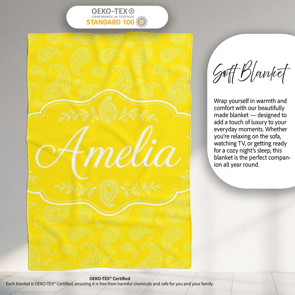 Delicate White Paisley Design on Golden Yellow Gradient Seamless Personalised Custom Name Super Soft Fleece Blanket Bed Sofa Throw