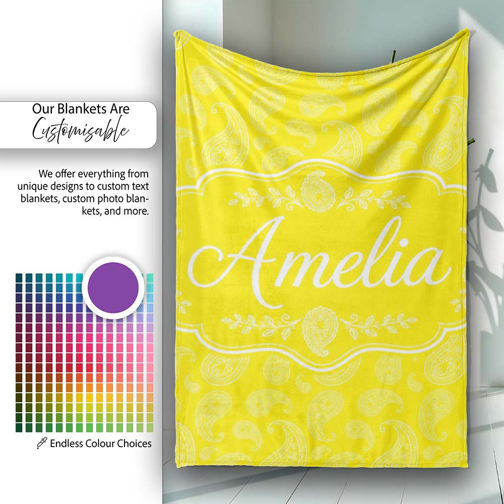 Delicate White Paisley Design on Golden Yellow Gradient Seamless Personalised Custom Name Super Soft Fleece Blanket Bed Sofa Throw
