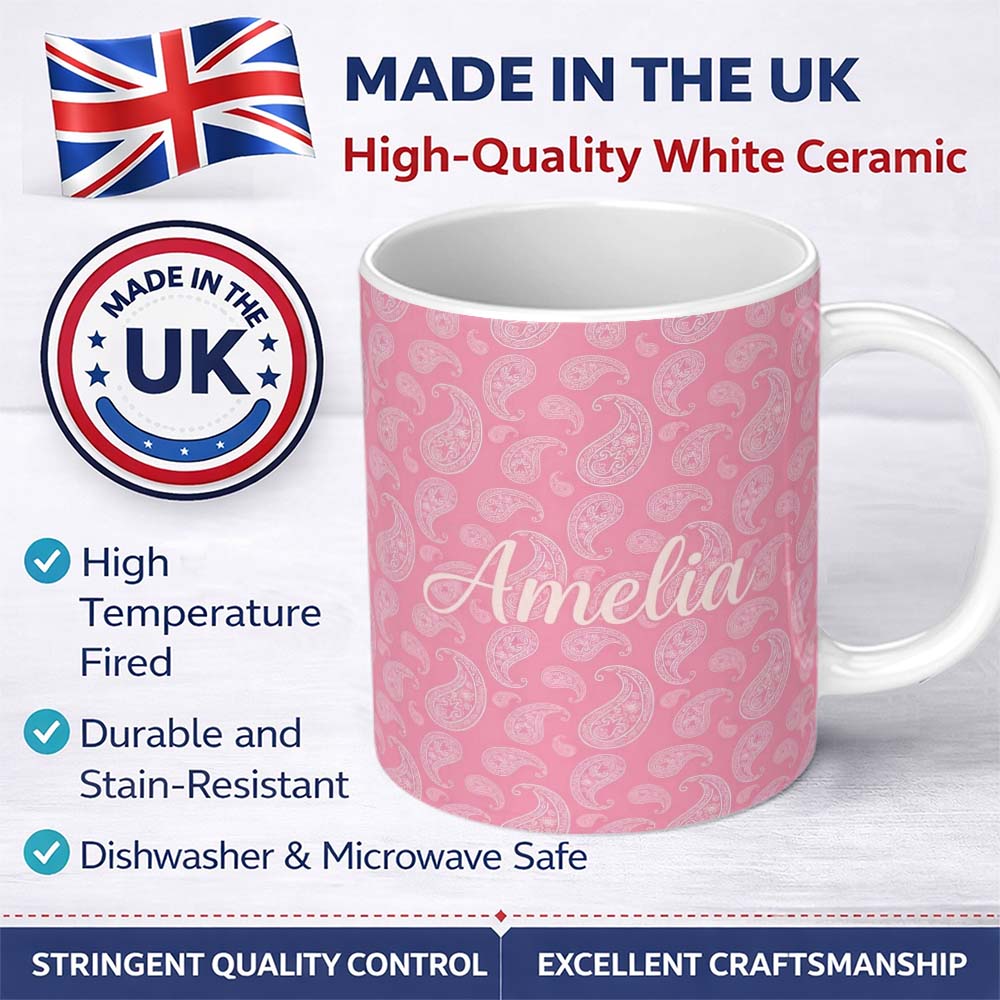 Personalized Custom Name Vintage White Paisley Floral Pattern on Pale Pink Gradient Seamless 11oz Ceramic Coffee Tea Mug White Large Handle