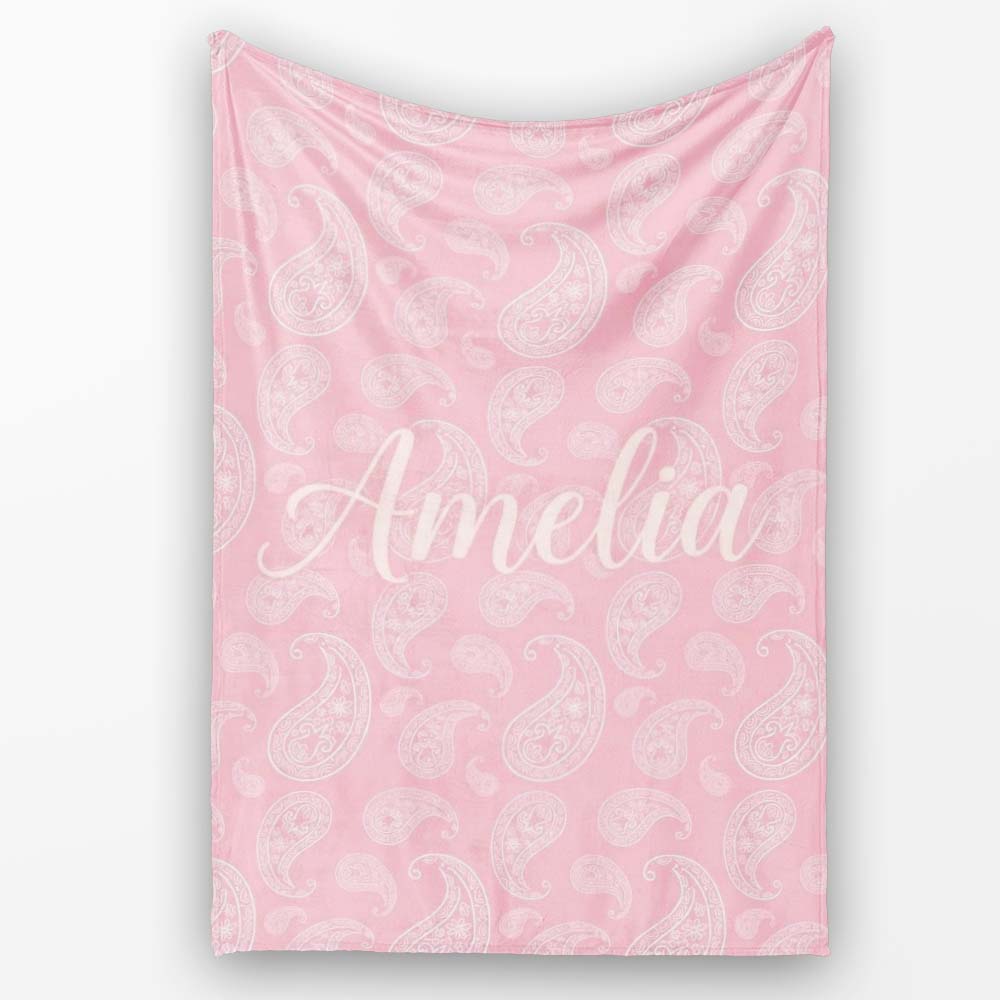 Ornate White Paisley Motif on Soft Peach Pink Background Seamless Personalised Custom Name Super Soft Fleece Blanket Bed Sofa Throw