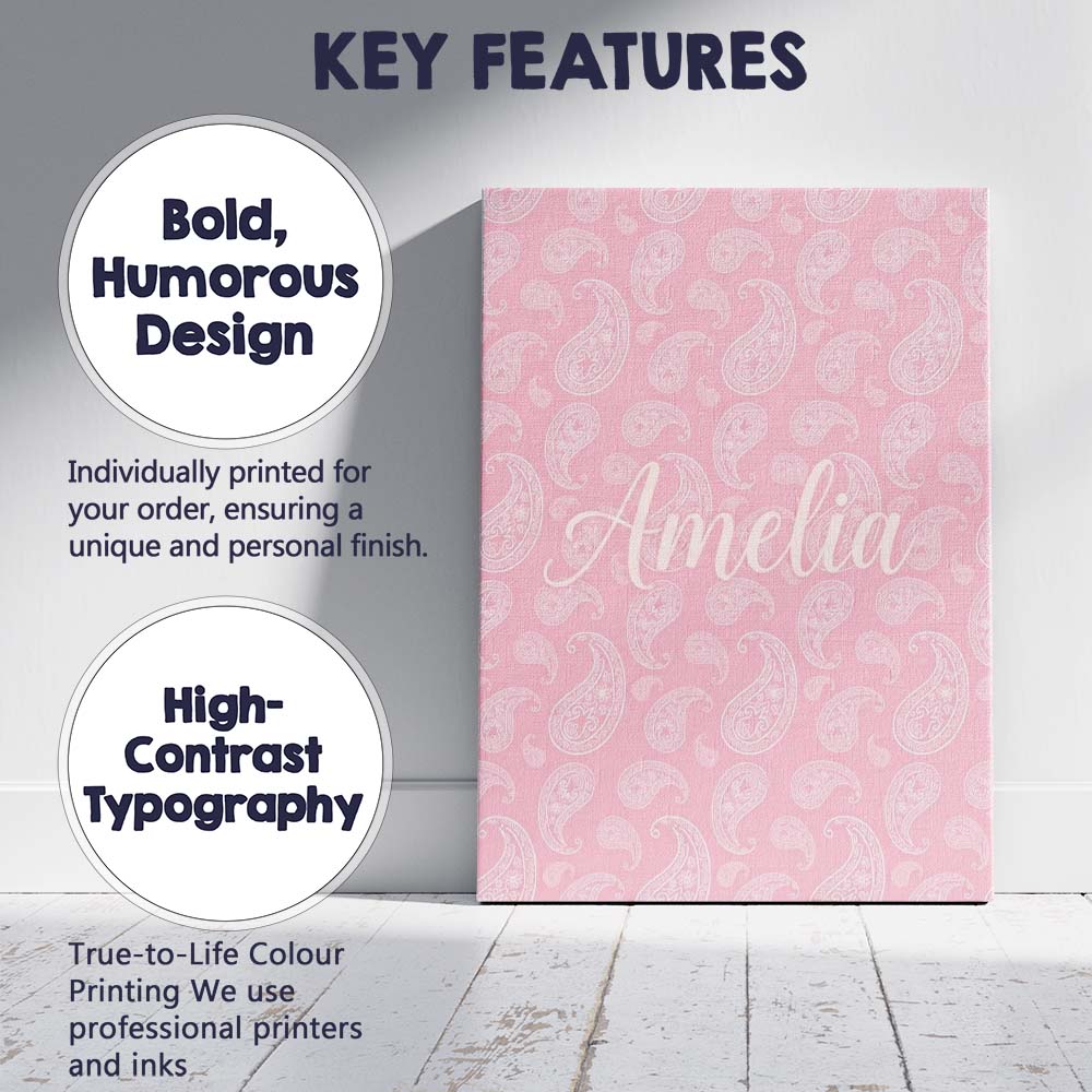 Personalised Name Ornate White Paisley Custom Modern Room Accent Elegant Feature Canvas Wall Art Print Decor Picture Ready to Hang