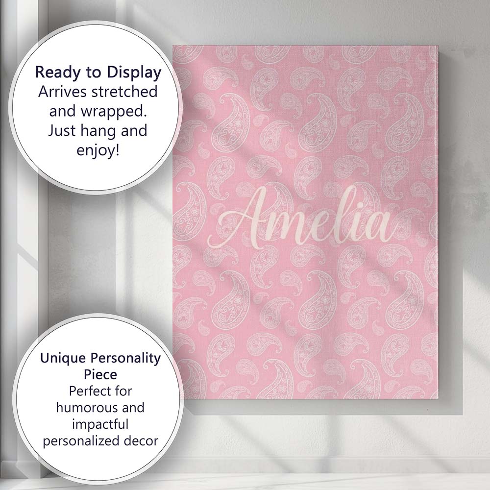 Personalised Name Ornate White Paisley Custom Modern Room Accent Elegant Feature Canvas Wall Art Print Decor Picture Ready to Hang