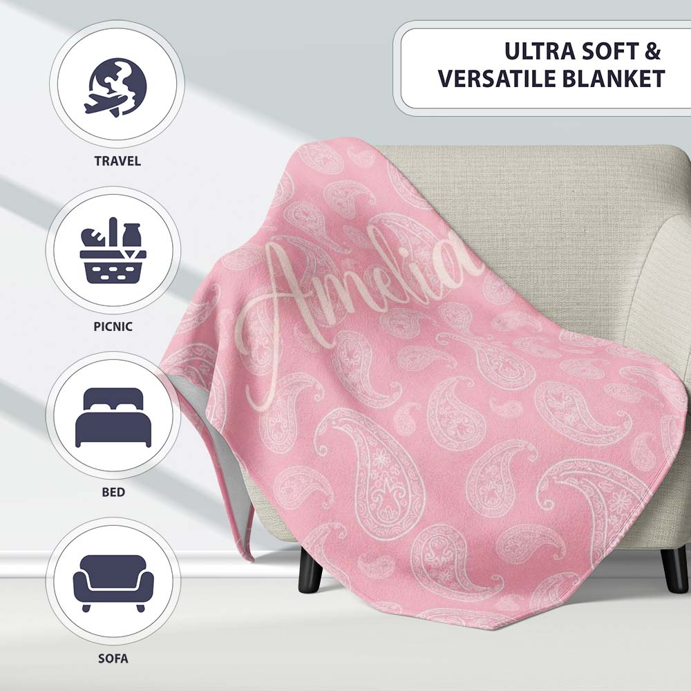 Ornate White Paisley Motif on Soft Peach Pink Background Seamless Personalised Custom Name Super Soft Fleece Blanket Bed Sofa Throw