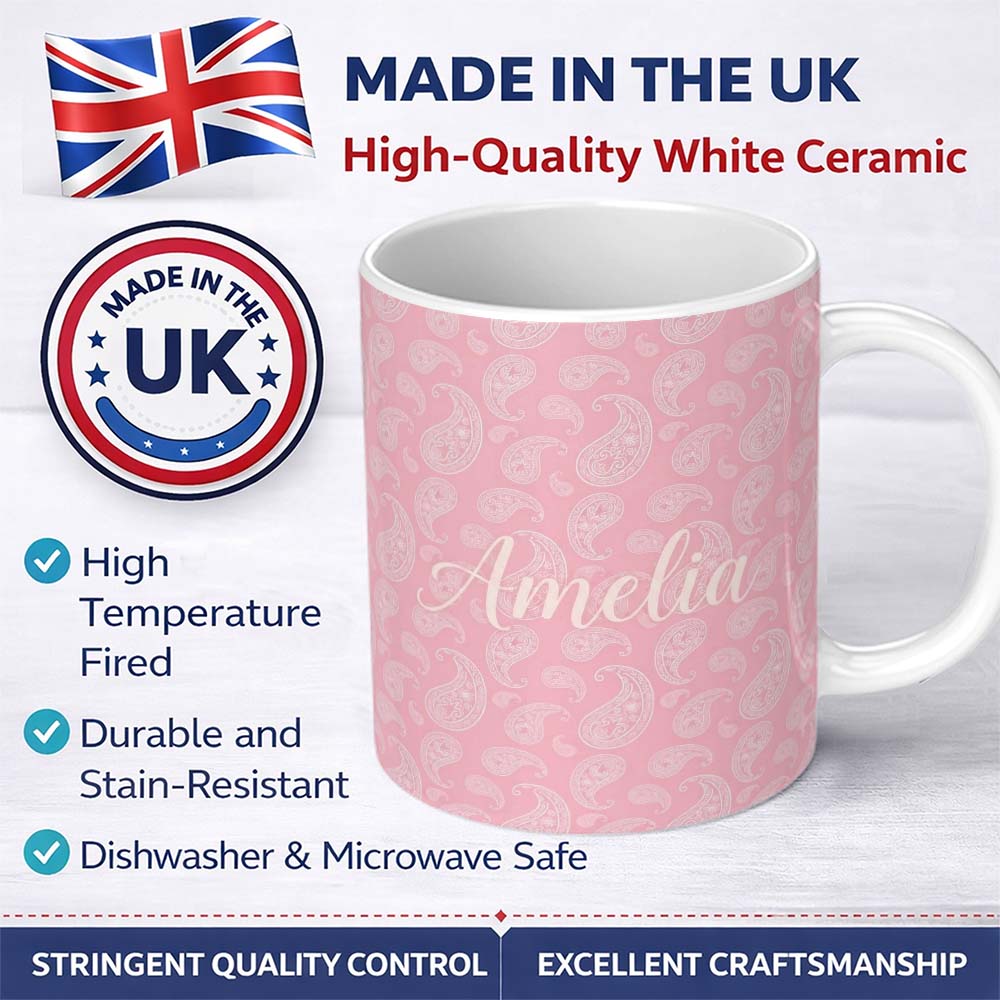 Personalized Custom Name Ornate White Paisley Motif on Soft Peach Pink Background Seamless 11oz Ceramic Coffee Tea Mug White Large Handle