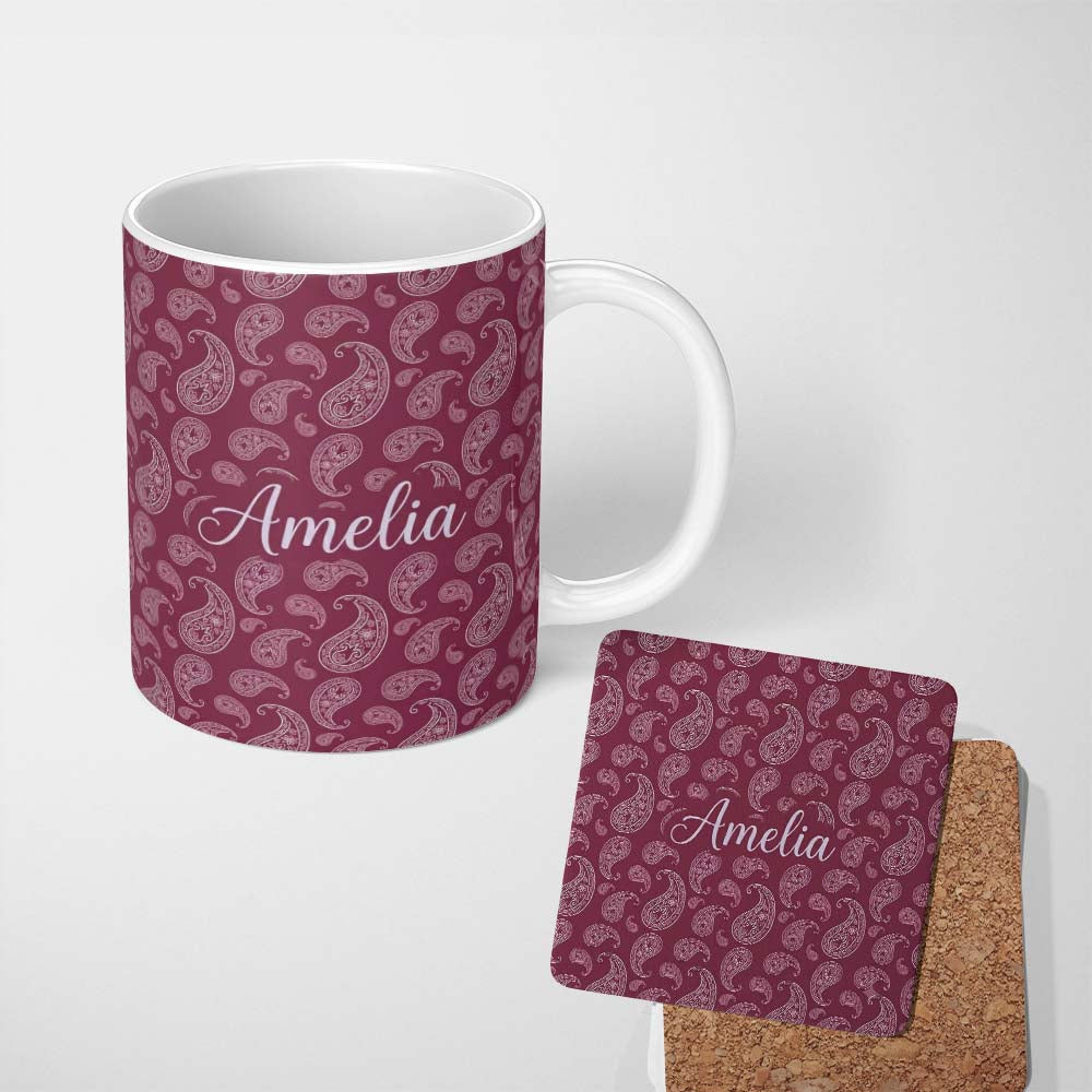 Personalized Custom Name Decorative White Paisley Pattern on Light Blush Gradient Seamless 11oz Ceramic Coffee Tea Mug White Large Handle