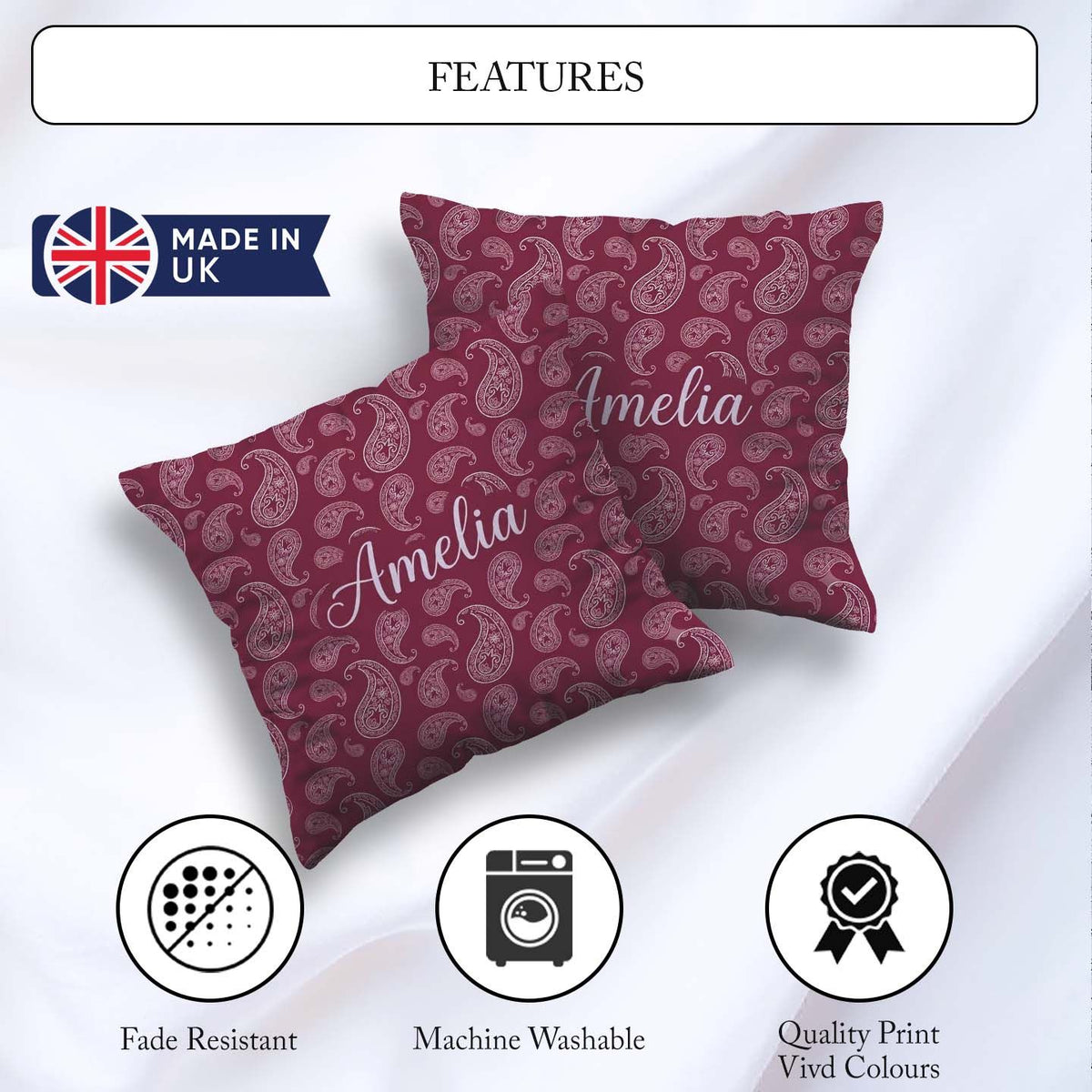 Custom Name Decorative White Paisley on Light Gradient Seamless Square Filled Cushion Throw Pillow Sofa Bed Home Decor Zip Washable UK Made