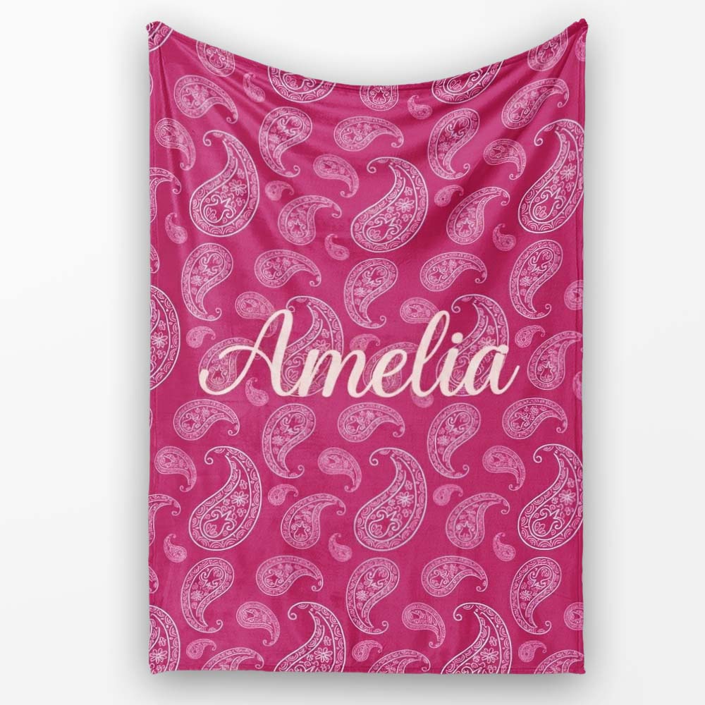 Elegant White Paisley Design on Deep Burgundy Red Background Personalised Custom Name Super Soft Fleece Blanket Bed Sofa Throw