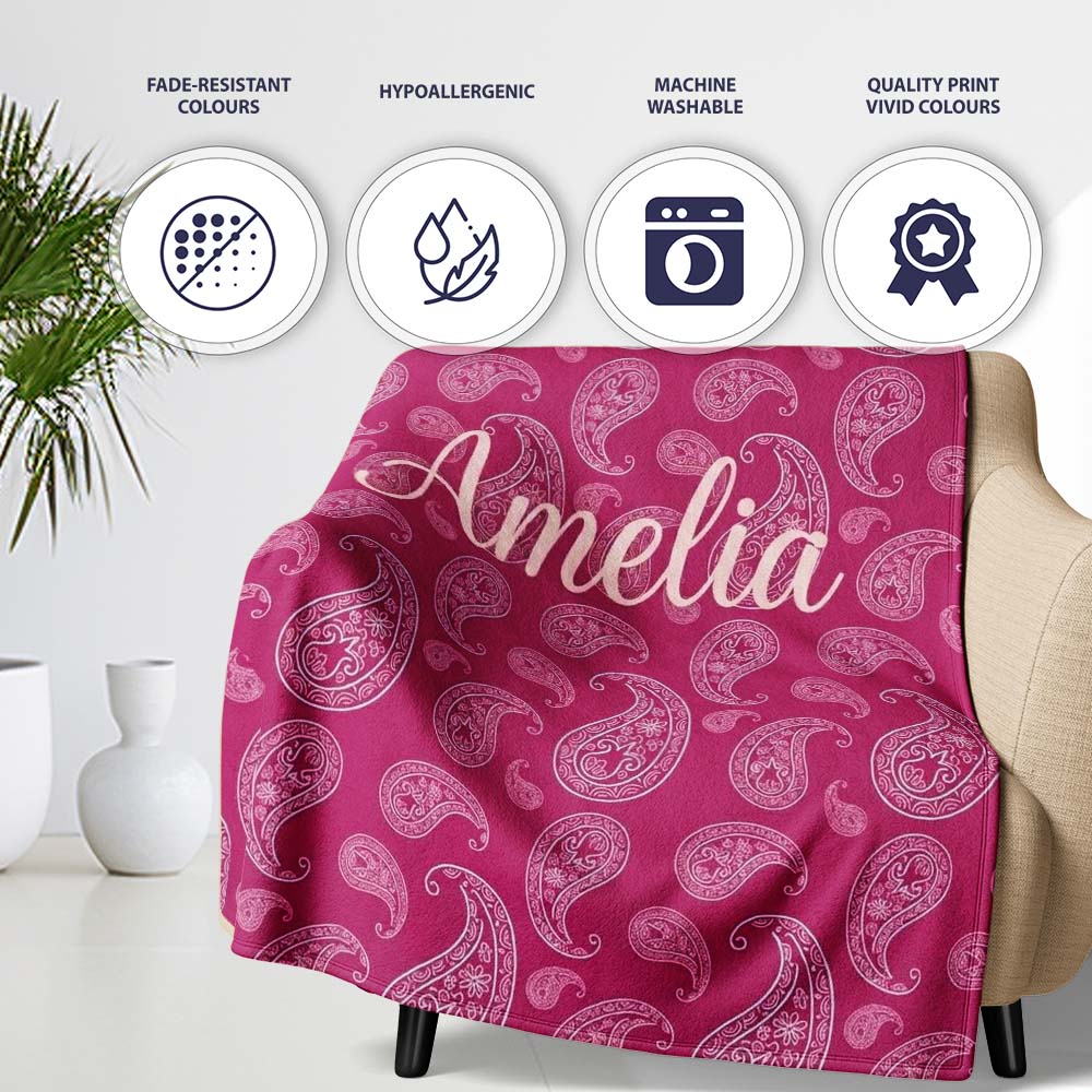 Elegant White Paisley Design on Deep Burgundy Red Background Personalised Custom Name Super Soft Fleece Blanket Bed Sofa Throw