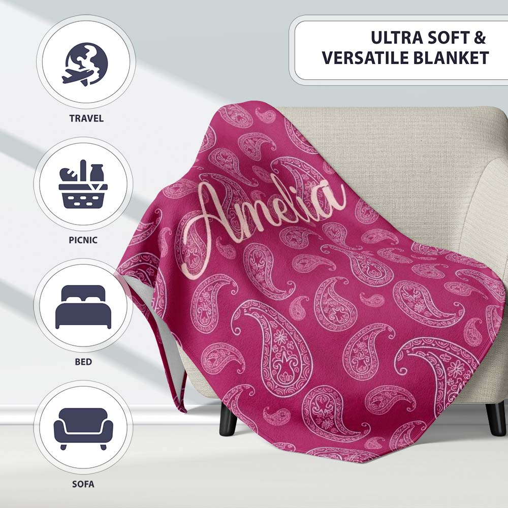 Elegant White Paisley Design on Deep Burgundy Red Background Personalised Custom Name Super Soft Fleece Blanket Bed Sofa Throw
