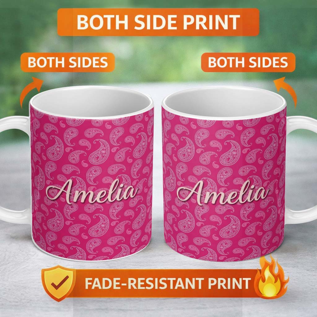 Personalized Custom Name Stylish White Paisley Pattern on Rich Magenta Pink Gradient 11oz Ceramic Coffee Tea Mug White Large Handle