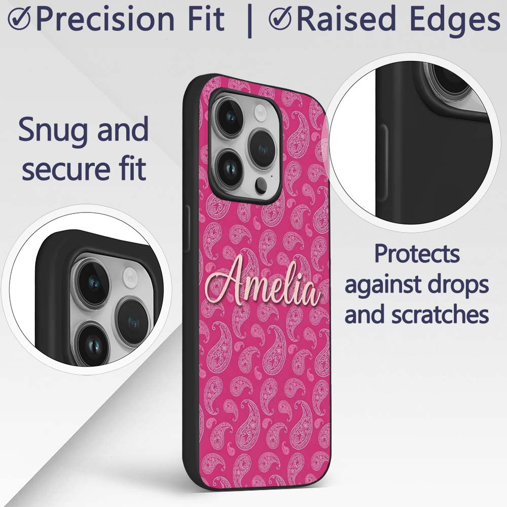 Stylish White Paisley Pattern on Rich Magenta Custom Name Protective Phone Case Mobile Cover Durable Everyday Smartphone Shock Resistant