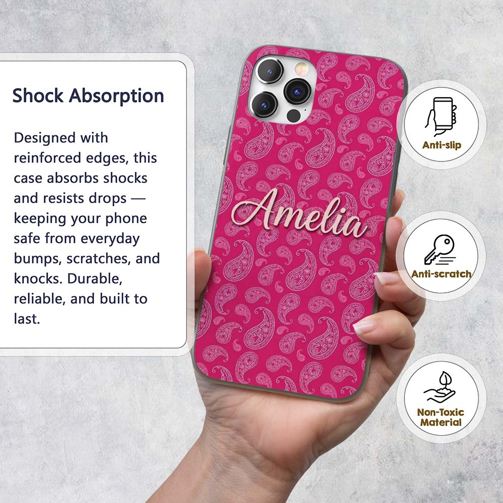 Stylish White Paisley Pattern on Rich Magenta Custom Name Protective Phone Case Mobile Cover Durable Everyday Smartphone Shock Resistant
