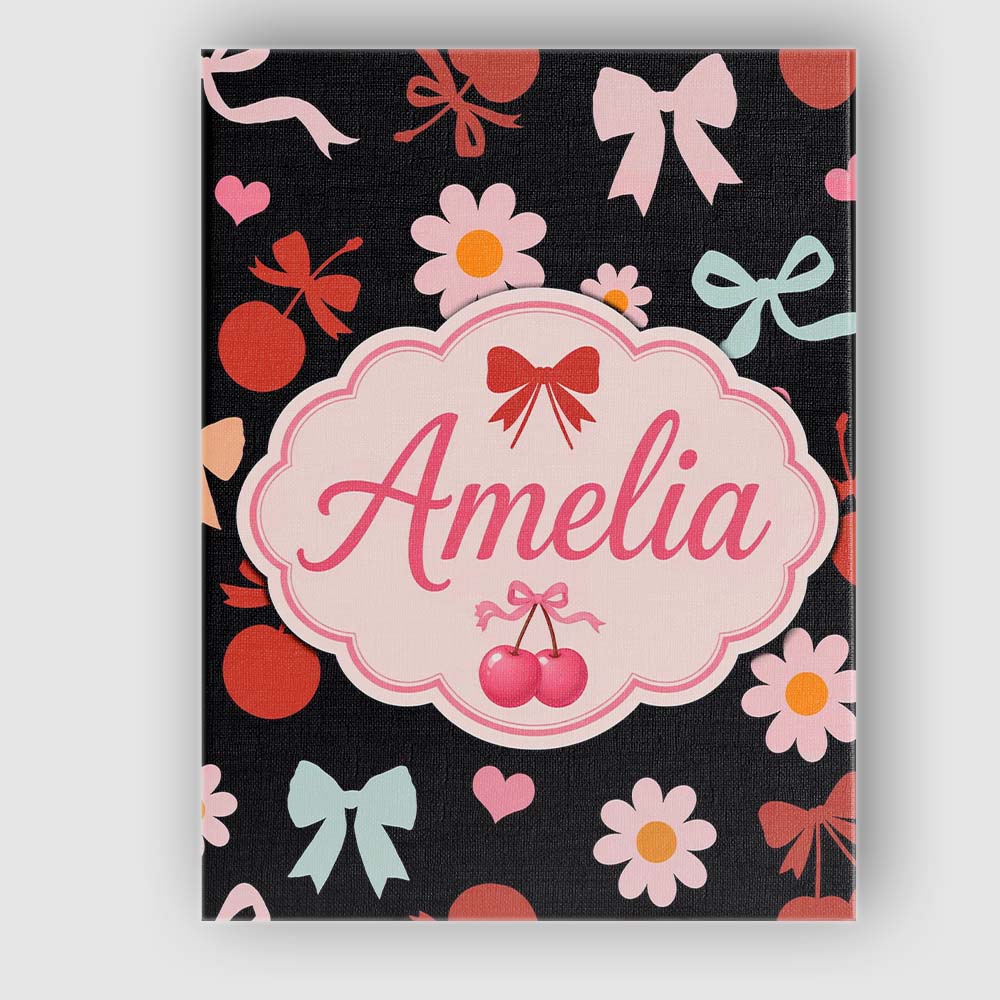 Personalised Name Cute Cherry Bow Daisy Heart Seamless Pattern on Custom Bespoke Canvas Wall Art Print Decor Picture Ready to Hang
