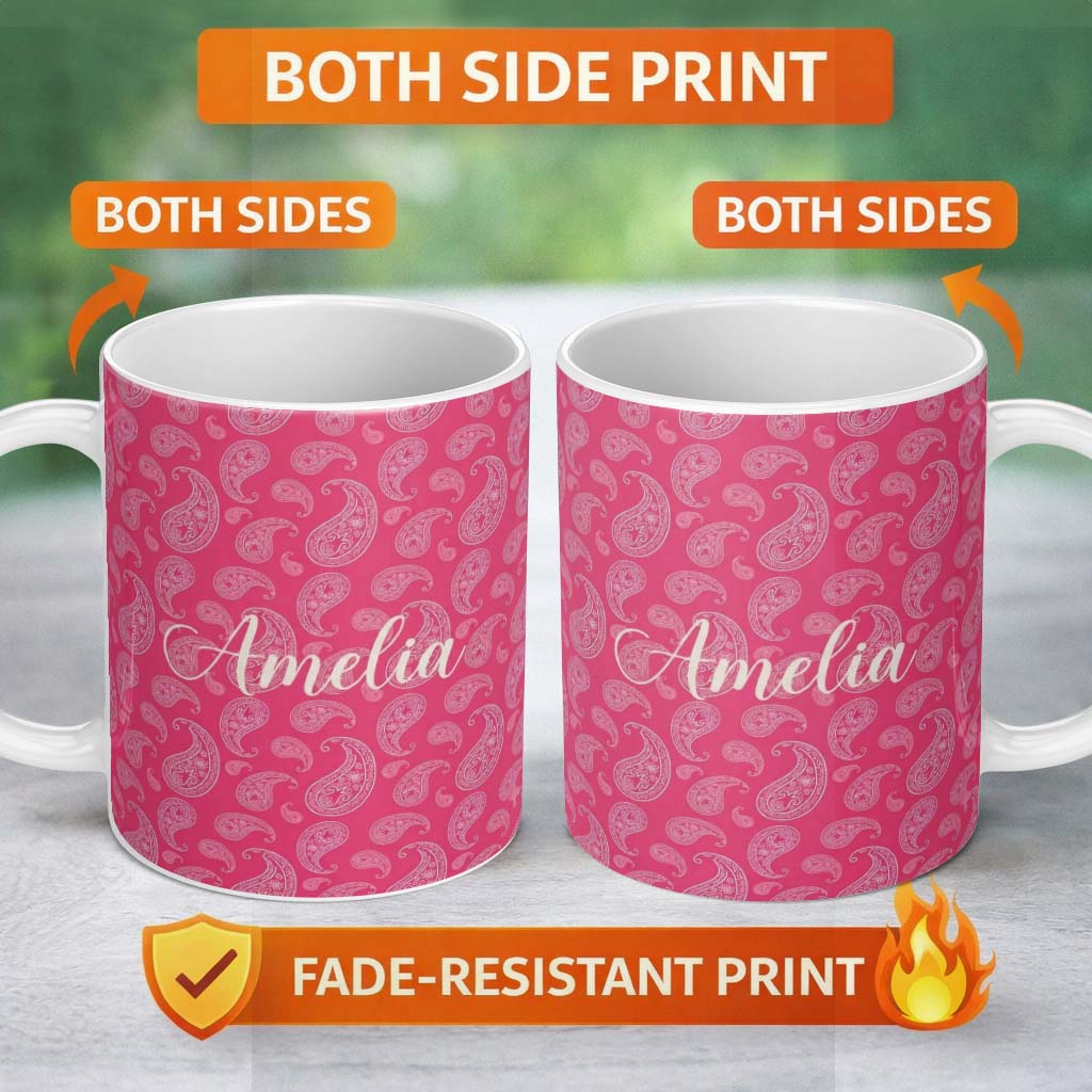 Personalized Custom Name Elegant White Paisley Pattern Pink Backgrounds Name Cute Unique Gift 11oz Ceramic Coffee Tea Mug White Large Handle