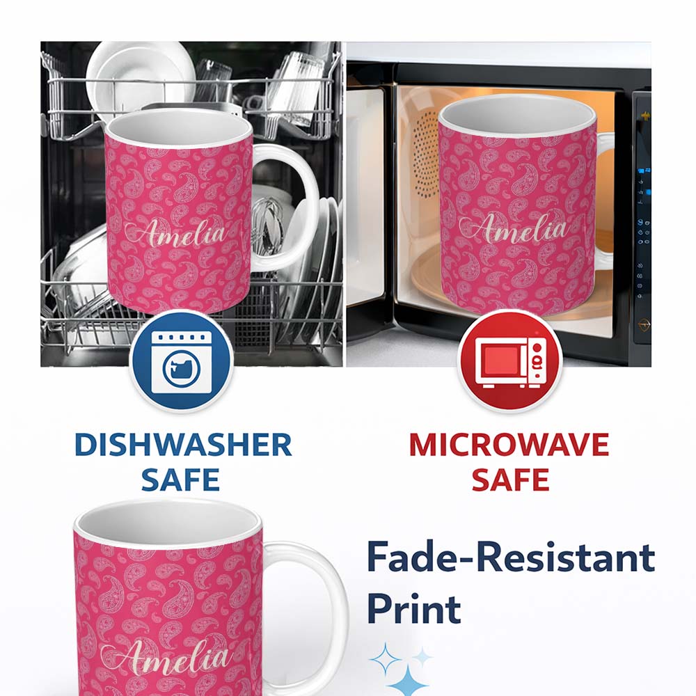 Personalized Custom Name Elegant White Paisley Pattern Pink Backgrounds Name Cute Unique Gift 11oz Ceramic Coffee Tea Mug White Large Handle