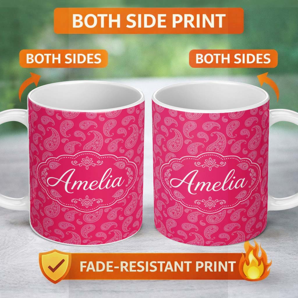 Personalized Custom Name Elegant White Paisley Pattern Rose Backgrounds Name Cute Unique Gift 11oz Ceramic Coffee Tea Mug White Large Handle