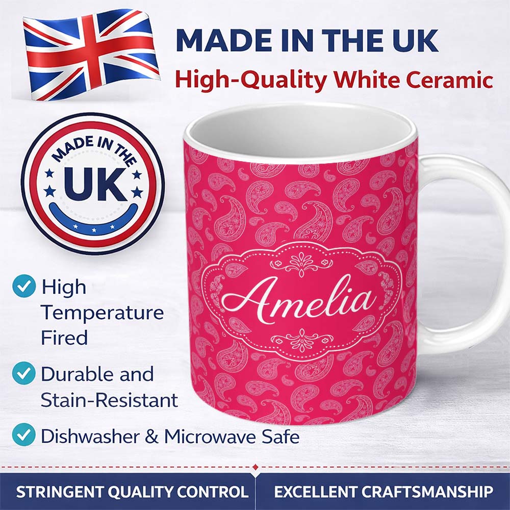 Personalized Custom Name Elegant White Paisley Pattern Rose Backgrounds Name Cute Unique Gift 11oz Ceramic Coffee Tea Mug White Large Handle