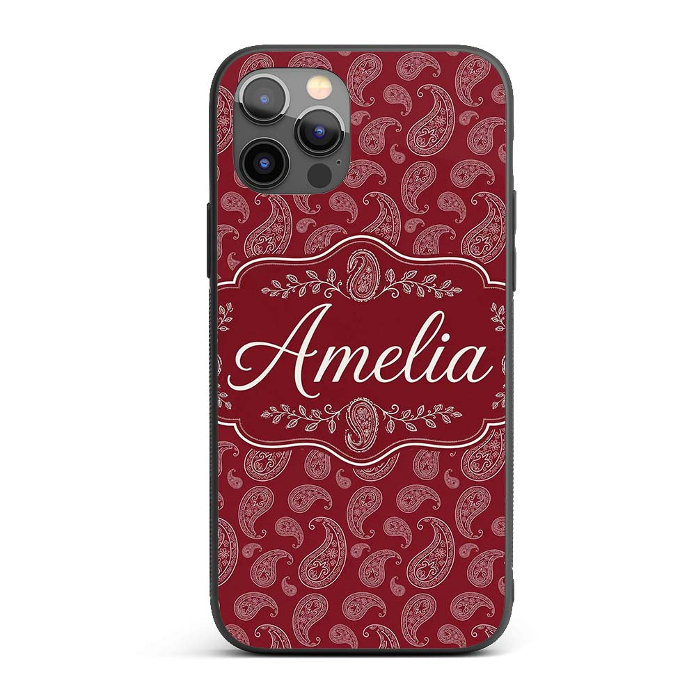 Elegant White Paisley Pattern Ruby Backgrounds Custom Name Protective Phone Case Mobile Cover Durable Everyday Smartphone Shock Resistant