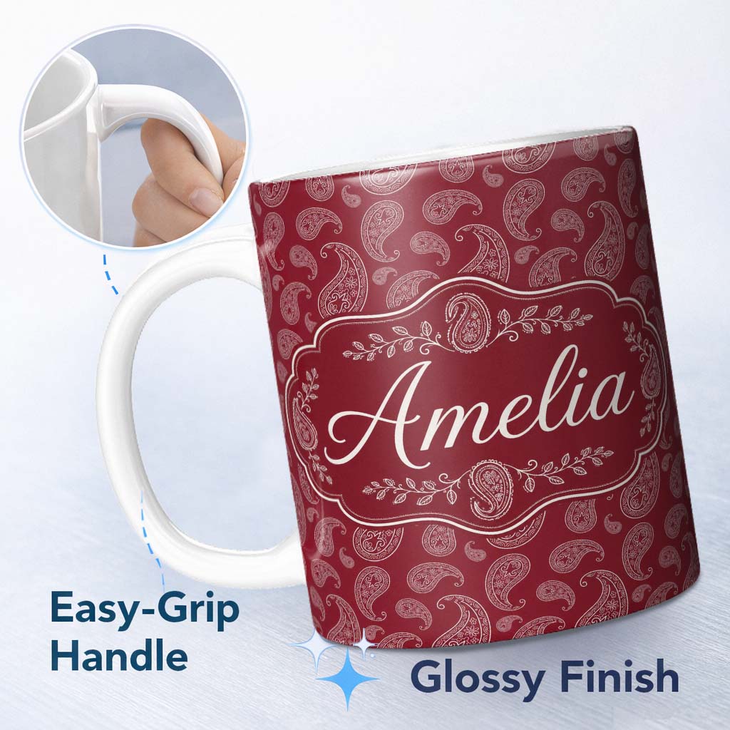 Personalized Custom Name Elegant White Paisley Pattern Ruby Backgrounds Name Cute Unique Gift 11oz Ceramic Coffee Tea Mug White Large Handle