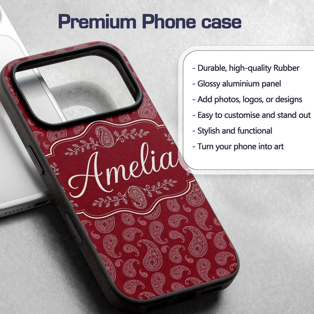 Elegant White Paisley Pattern Ruby Backgrounds Custom Name Protective Phone Case Mobile Cover Durable Everyday Smartphone Shock Resistant